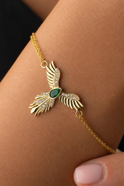 emirOmade 925 Ayar Gümüş Yeniden Doğuş Anka Kuşu Bileklik Gold Rengi 2,3x2cm 2,5gr Mitolojik Hediye Bileklik