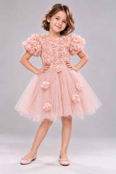 Mnk Baby&Kids فستان سهرة للفتيات من روزالي بتفاصيل ليزر M00803 PUDRA