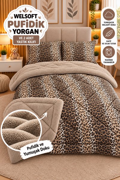 tekstil diyarı Çift Kişilik Çift Taraflı Welsoft Puffy Yorgan Seti Leopard Bej