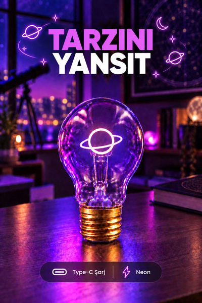 edewatt Gezegen Neon Dekoratif Masa Lambası Ampul Şeklinde Yeni Nesil Aydınla...