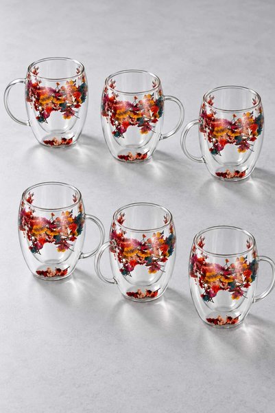 ALOHA EQ QUALITY Flower Cup 6’lı Çift Cidarlı Borosilikat Cam Bardak Seti 350...