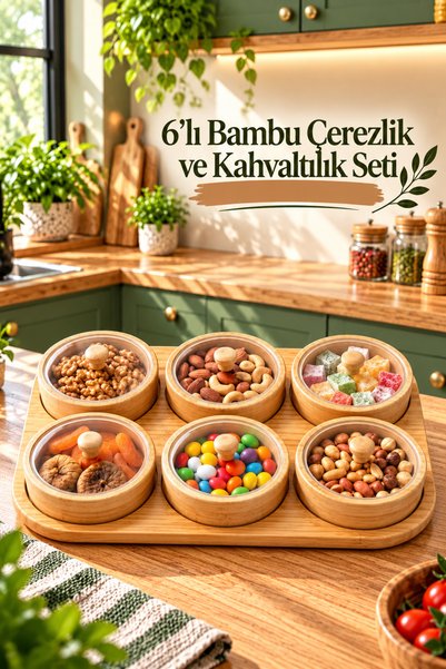 DECOFORM %100 Bambu Top Ayaklı 7 parça Çerezlik,Kahvaltılık, Standlı Sunumluk