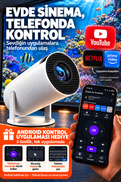 Zineets HY300 Pro Taşınabilir Android Akıllı Projeksiyon Cihazı WiFi Bluetoot...