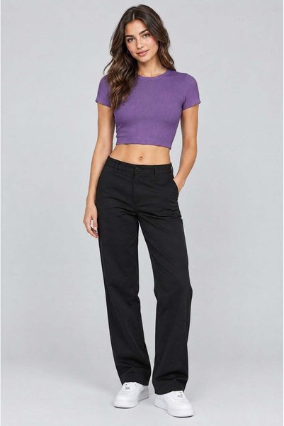 VACHT Women's Purple Crew Neck Short Sleeve Ribbed Camisole Crop Blouse