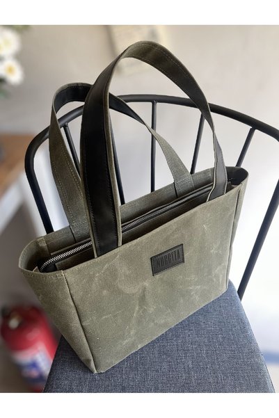 Nuggita Zippered Medium Size Waxed Canvas Dark Khaki (Black Leather Detail) S...