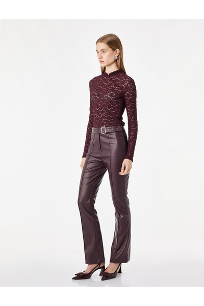 Koton Slim Fit Uzun Kollu Düğmeli Dik Qipao Yaka Transparan Dantel Tişört