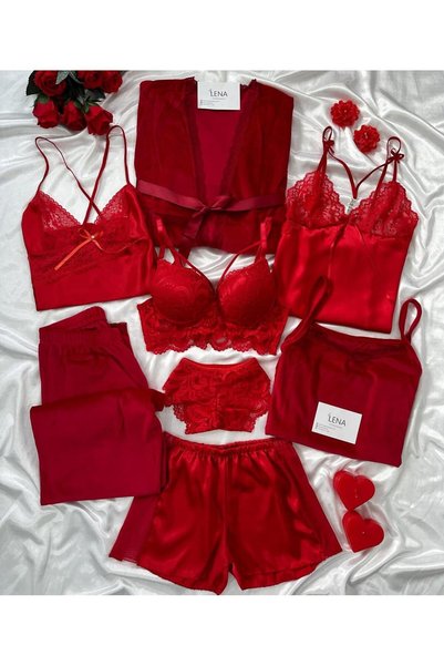 Lena Homewears Red Boxed 8 Pieces Giant Velvet Sleepwear Satin Nightgown Dres...