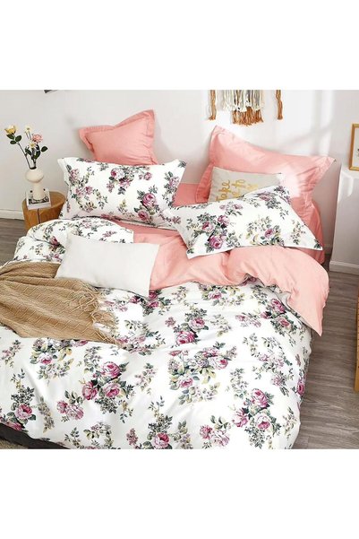 Ralex Lenjerie de pat dublă 6 piese Percale bumbac 100%, Floral Alb/Roz, Puci...