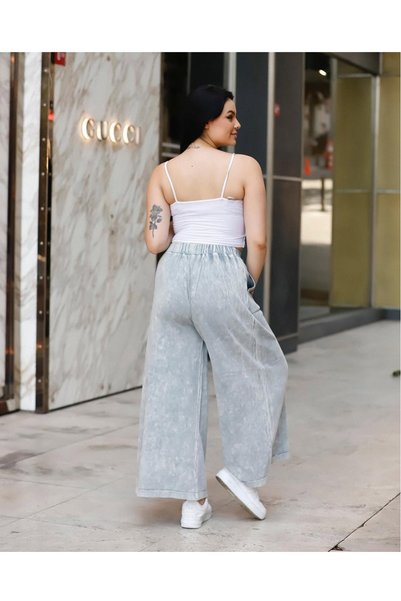 duygu altıntaş Women's High Waist Elastic Wide Leg Trousers with Pocket Detail and Premium Washed Effect