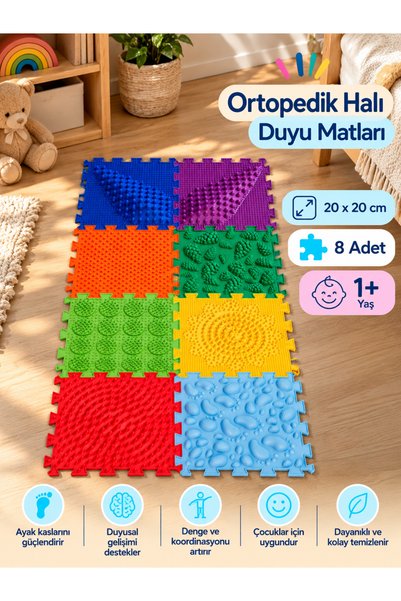 Ortohalı 8 Modüllü Ortopedik Halı Çocuk Duyu Matları Renkli Puzzle Çocuk Masa...