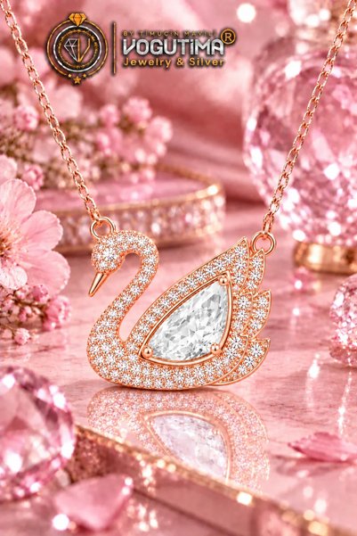 vogutima Kadın Gümüş Kolye - Swan Kuğu Model Rose Renk Beyaz Zirkon Taş İşlem...