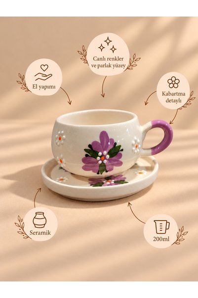 ASSERAMİK Mor çiğdem desenli el yapımı seramik tabaklı çay/kahve fincanı 200ml