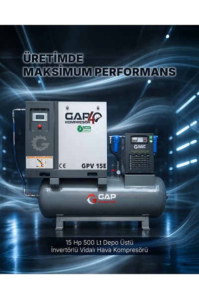GAP KOMPRESÖR Hava Kompresörü Depo Üstü İnvertörlü Vidalı 500 LT 15 HP