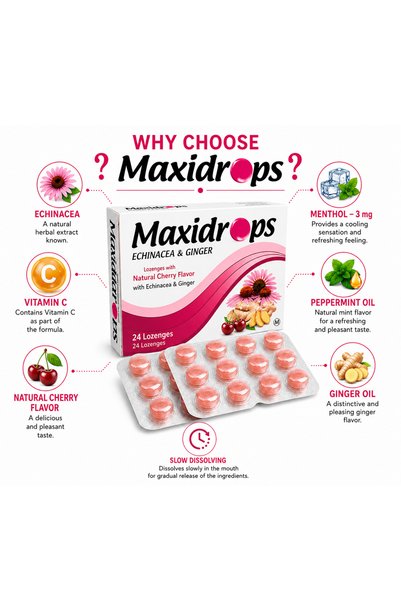 Maxidrops أقراص الإخناسيا والزنجبيل - 2 × 24 قرص |   48 قرص (لوزنج)