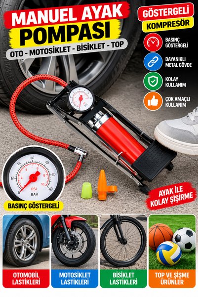 FırsatVar Oto Araç Kompresör Manuel Pompa Motosiklet Lastik Teker Şişirme Aya...