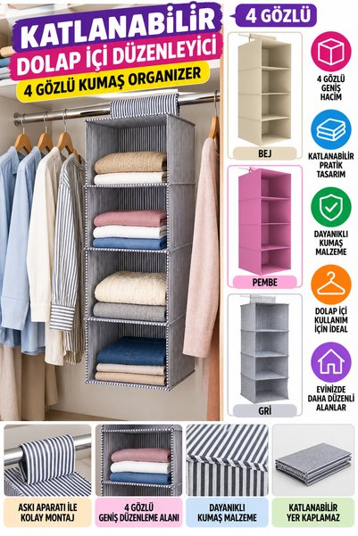 FırsatVar Katlanabilir Kumaş Dolap İçi Düzenleyici 4 Gözlü Organizer ile Eşya...