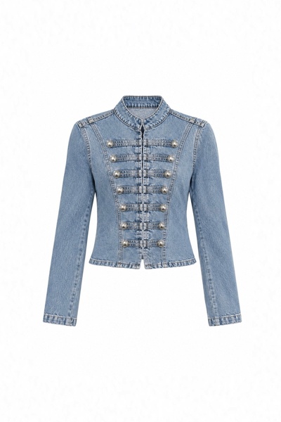 Atelier CONTEMPO Kadın Metal Düğme Detaylı Aplikeli Napolyon Denim Ceket