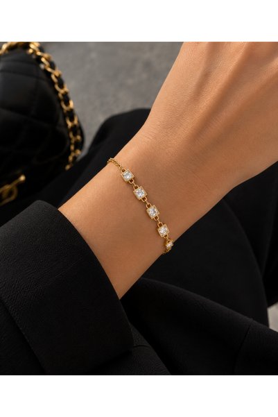 Adata Jewelry سوار نسائي من الفولاذ بحجر شفاف / مع سلسلة تمديد / 19+4 سم لون ...