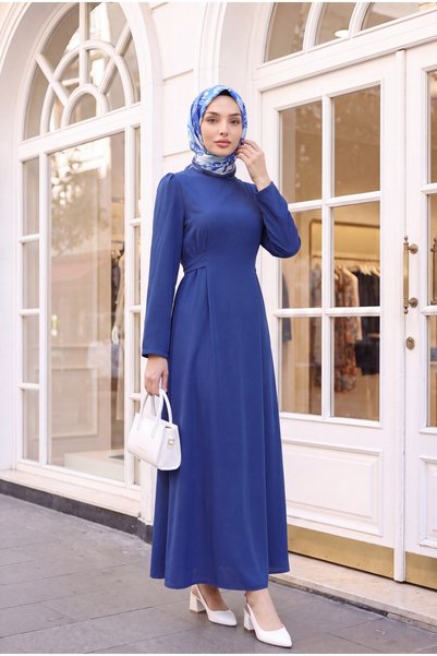 HİJABAYA Hakim Collar Long Sleeve Maxi Hijab Tie Dress - Indigo