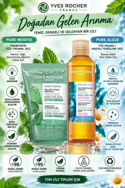 Yves Rocher Balancing Face Wash Gel and Cleansing Oil Package for Sensitive a...