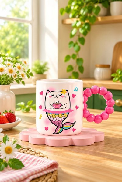 DECOFORM Kedi Desenli Porselen Renkli Boncuklu Kupa Bardak,Çocuk Kupa Bardağı...
