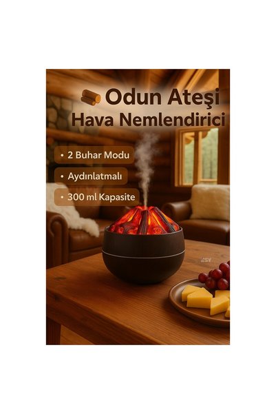 Store Koyu Ahşap Görünümlü Odun Ateşi Tasarımlı Difüzör – LED Işıklı, 2 Buhar...