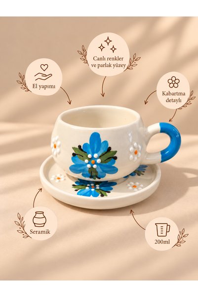 ASSERAMİK Mavi çiğdem desenli el yapımı seramik tabaklı çay/kahve fincanı 200ml