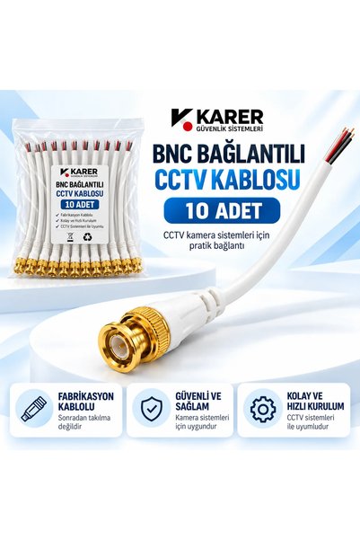 KARER 10 Adet Fabrikasyon Kablolu BNC Konnektör – CCTV Güvenlik Kamera Hazır ...