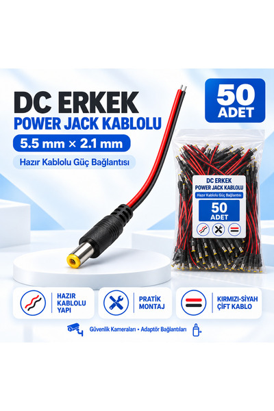 KARER 50 Adet DC Erkek Power Jack Kablolu 5.5x2.1mm – CCTV Güvenlik Kamera Adaptör Güç Bağlantı Kablosu