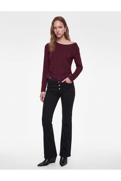 Koton Slim Fit Asimetrik Kesim Uzun Kollu Büzgülü Dantelli Tişört