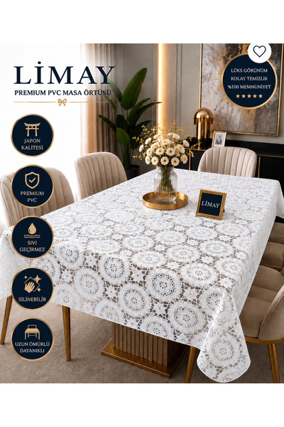LİMAY Table Cloth - Lace Embroidery Looking - Transparent - Non Perforated - PVC