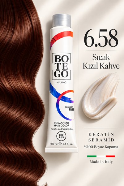 botegohair Profesyonel Kalıcı Krem Saç Boyası - 6.58  Sıcak Kızıl Kahve- 100 ...