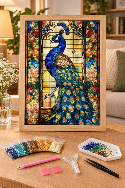 LİVA CRAFT Art & Craft Diamond Painting Puzzle Kit, Stained Glass Peacock 50X...