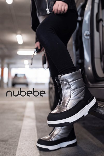 Nubebe Mine Kız Çocuk Önden Fermuarlı Deri Bot Platin