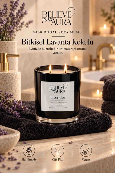 Believe Your Aura Lavanta Kokulu Mum - %100 Doğal Soya Mumu Aromaterapi ve De...