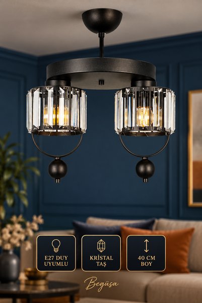 Begüsa Galon 2'li Lux Kristal Siyah Tepsili Avize, Modern Dekoratif Avize, Kr...