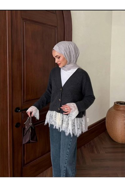 Elysira Women's Lace Detailed V-Neck Soft Basic Knitwear Cardigan