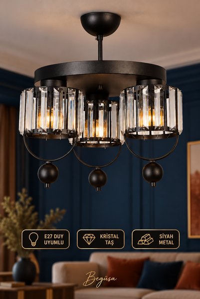 Begüsa Galon 3'lü Lux Kristal Siyah Tepsili Avize, Modern Dekoratif Avize, Kr...
