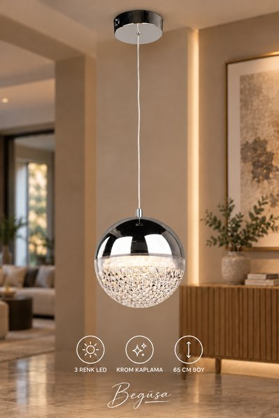 Begüsa Galaksi Ledli Tekli Avize Krom Kaplama, Modern LED Aydınlatma, Krom De...