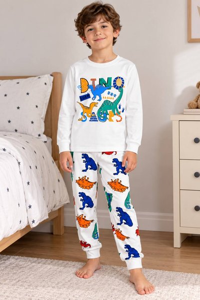 Generic Brand Boys' 100% Cotton White Dinosaurs Patterned Long Sleeve Winter ...