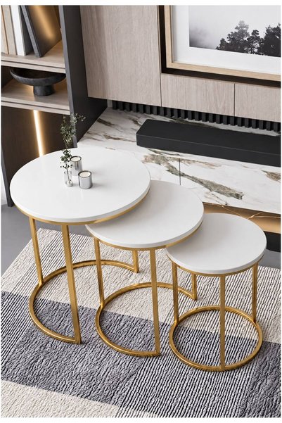 Nokta Sehpa Home Gold Metal (DÜZ) beyaz 3lü Zigon C Sehpa
