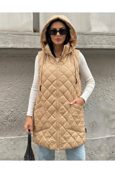 minshe Kapitone Kapişonlu Şişme Yelek – Bej