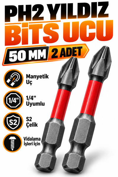 Trendhane PH2 Yıldız Bits Uç 50 mm 2 Adet Mıknatıslı S2 Çelik 1/4 İnç Altıgen...