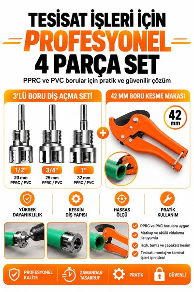 Trendhane PPRC & PVC Plastik Boru Diş Açma Seti + 42 mm Plastik Boru Kesme Ma...