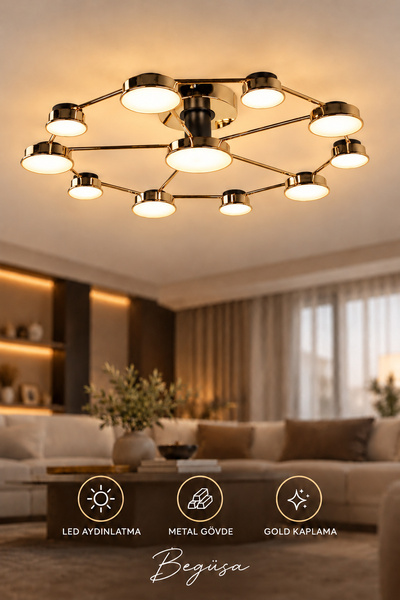 Begüsa Arelon Ledli 11.li Avize Gold Kaplama, Modern LED Avize, Dekoratif Tav...