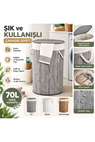 Cherry Collection El Yapımı Bambu Yuvarlak Çamaşır Sepeti Gri