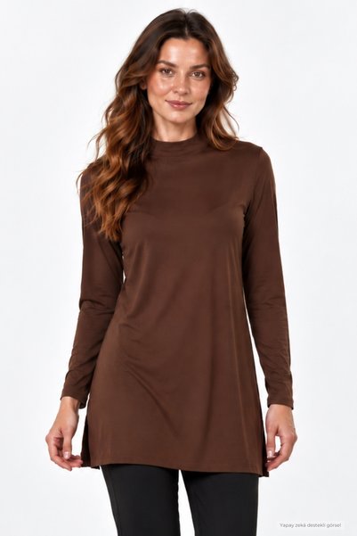 penyebizden Premium Viscose High Collar Long Tunic-Brown