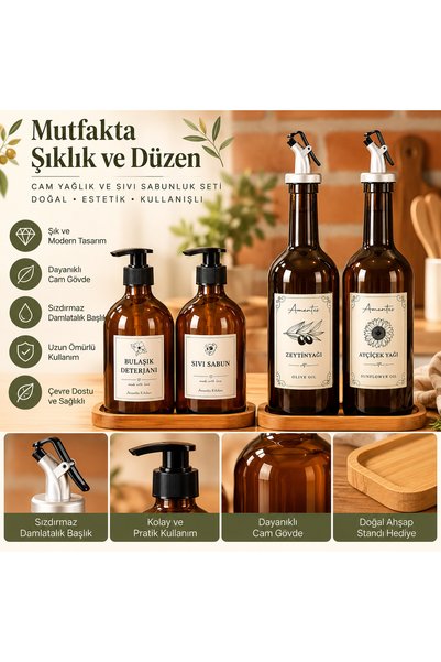 Amentes 6'lı Ahşap Standlı 2'li Amber 750ml Yağdanlık 2'li Amber Sabunluk Mut...