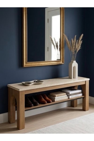 IN HOME STORE طاولة تلفزيون مع رف سفلي خشب وحجر بيج
