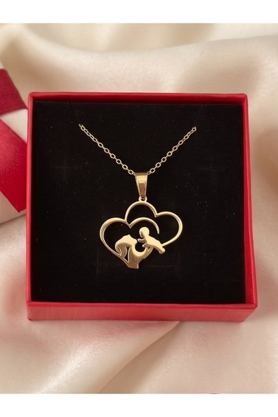 OEM Lantisor Mama si Bebe – Inima Dubla - Otel Inoxidabil Placat cu Aur 18K, ...
